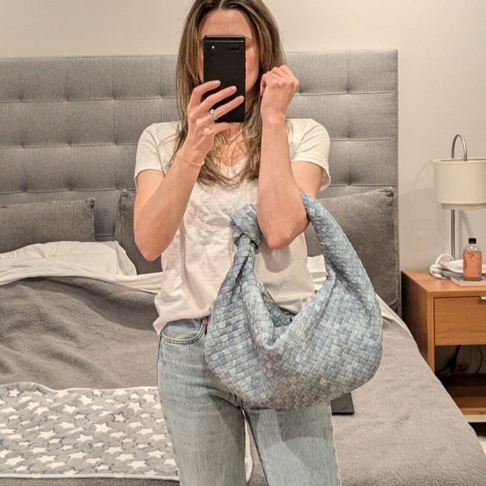 NWOT Denim Look Woven Knot Hobo Bag